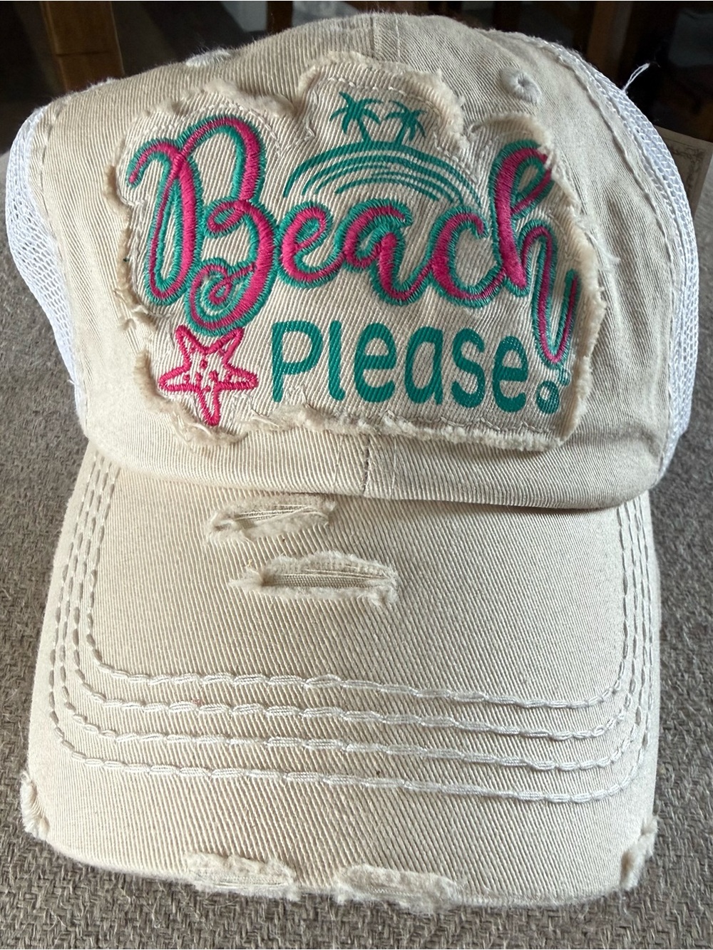 KBETHOS Beige Cap with Teal and Pink Embroidery "Beach Please"